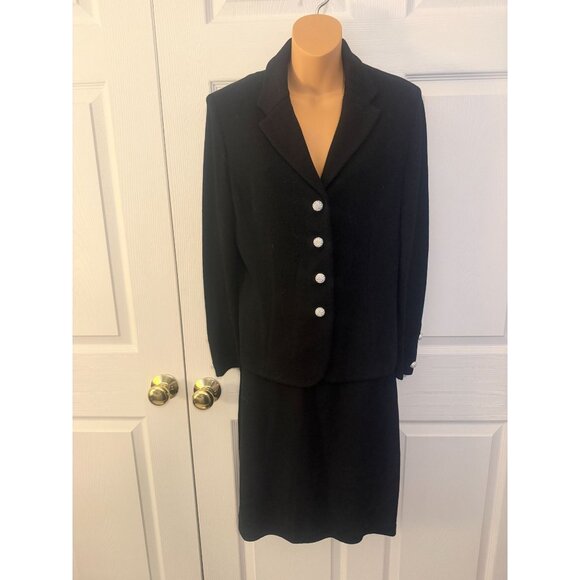 St John Basics Women's Black Knit Dress Suit Rhinestone Buttons Jacket and Skirt